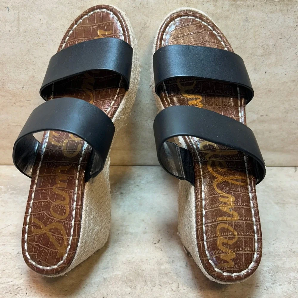 Sam Edelman Rubie Black Leather Double Strap Espadrille Wedge Sandals 9.5M